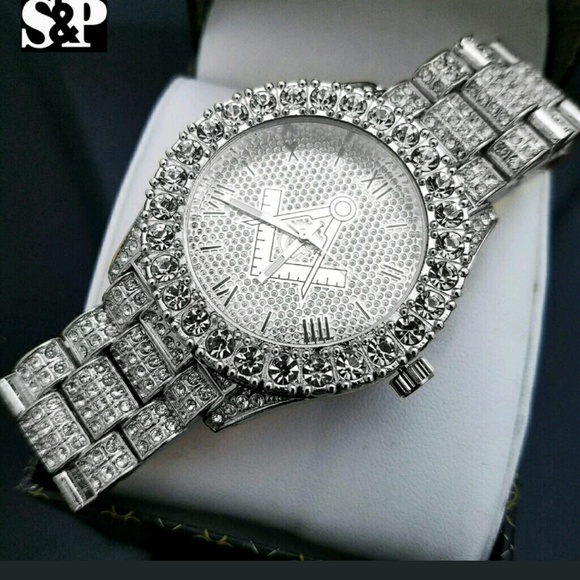 MENS ICED HIP HOP SILVER PT MASONIC FREEMASON WATC - Picture 4 of 5